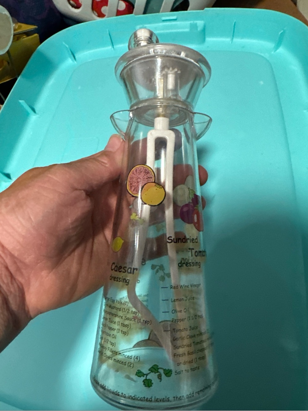 Vintage Gemco plastic salad bottle with mixer, spinner healthy recipes on bottle
